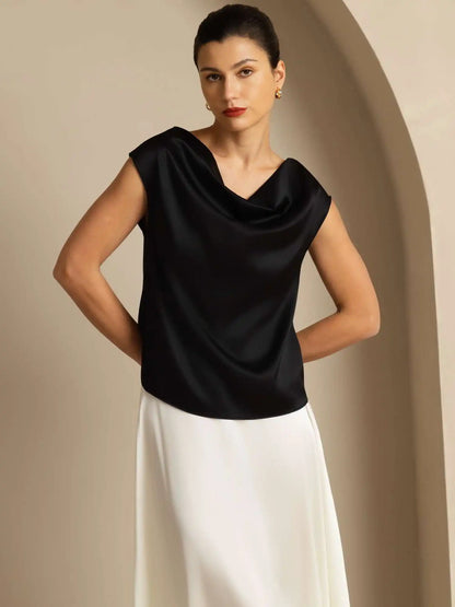19Momme Women's Silk Cap Sleeve Cowl Neck Top