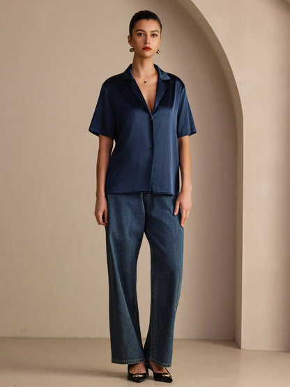 19Momme Silk Short Sleeve Notched Lapel Women's Shirt with Button Up Design