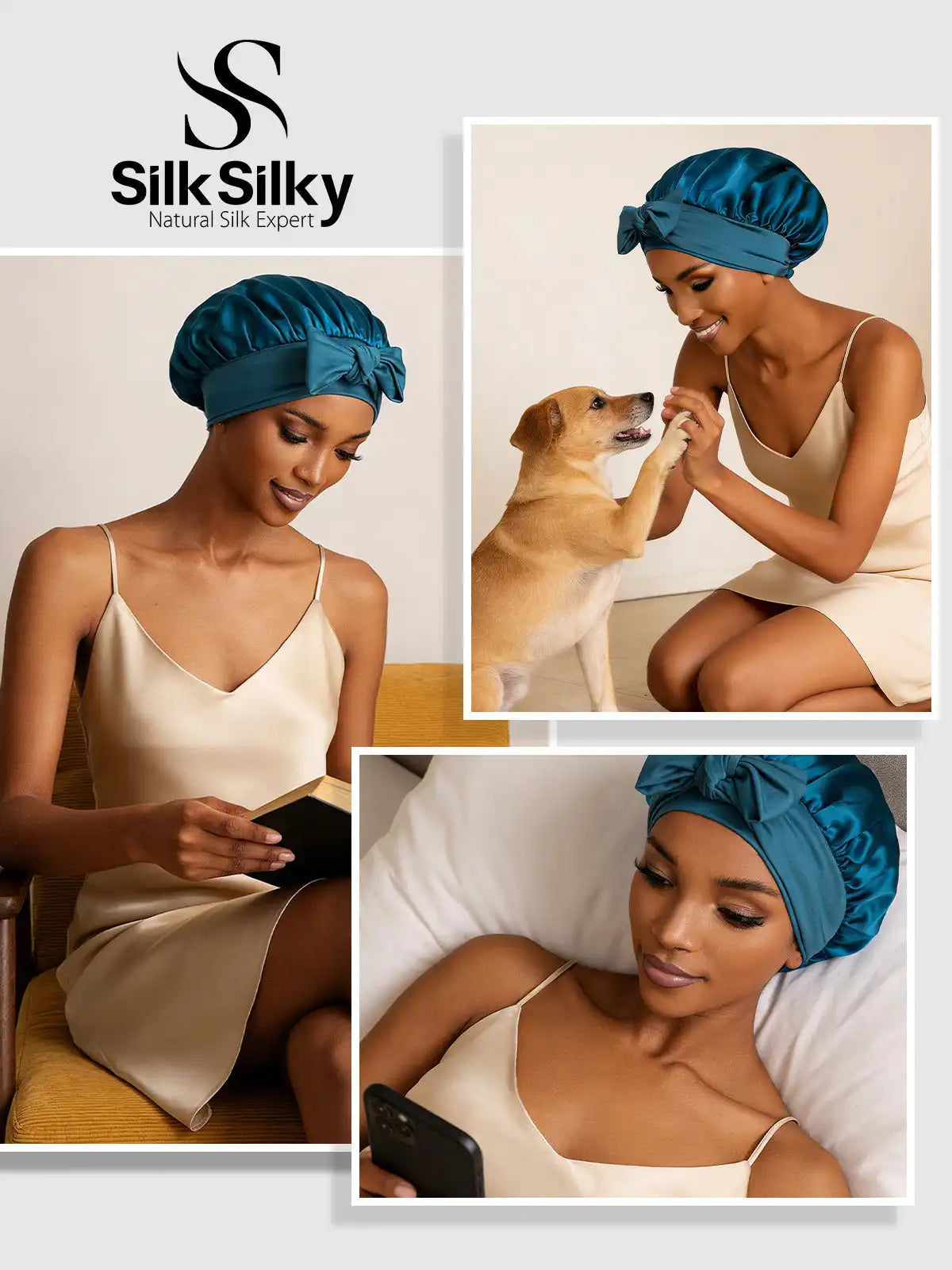 100% Mulberry Silk Bonnet Bowknot Tie Sleep Cap for Hair Protection