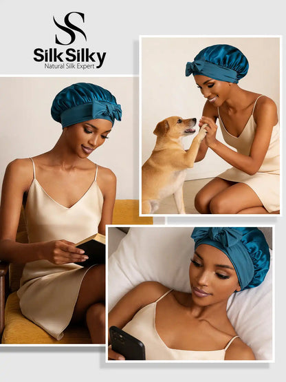 100% Mulberry Silk Bonnet Bowknot Tie Sleep Cap for Hair Protection