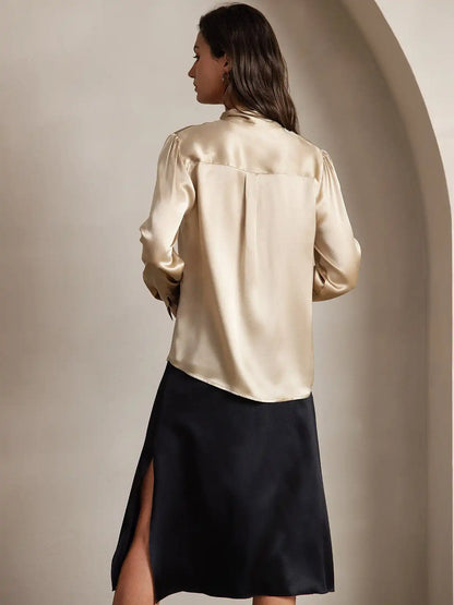 Clearance - Elegant 19Momme Silk Long Sleeve Tie Neck Blouse