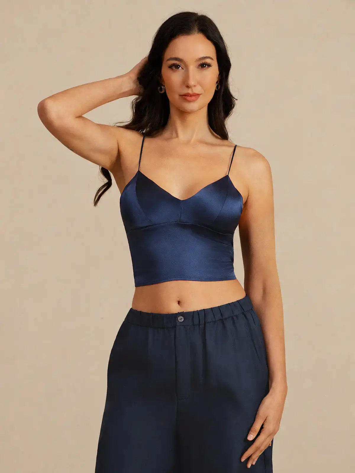 19Momme Silk Crop Top Spaghetti Strap V Neck Camisoles with Built-in Bra