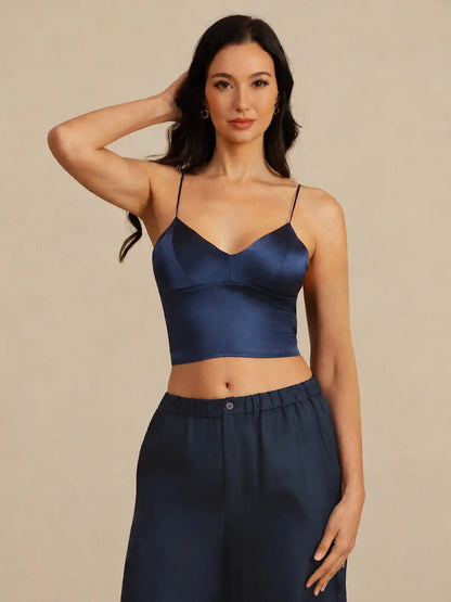 19Momme Silk Crop Top Spaghetti Strap V Neck Camisoles with Built-in Bra