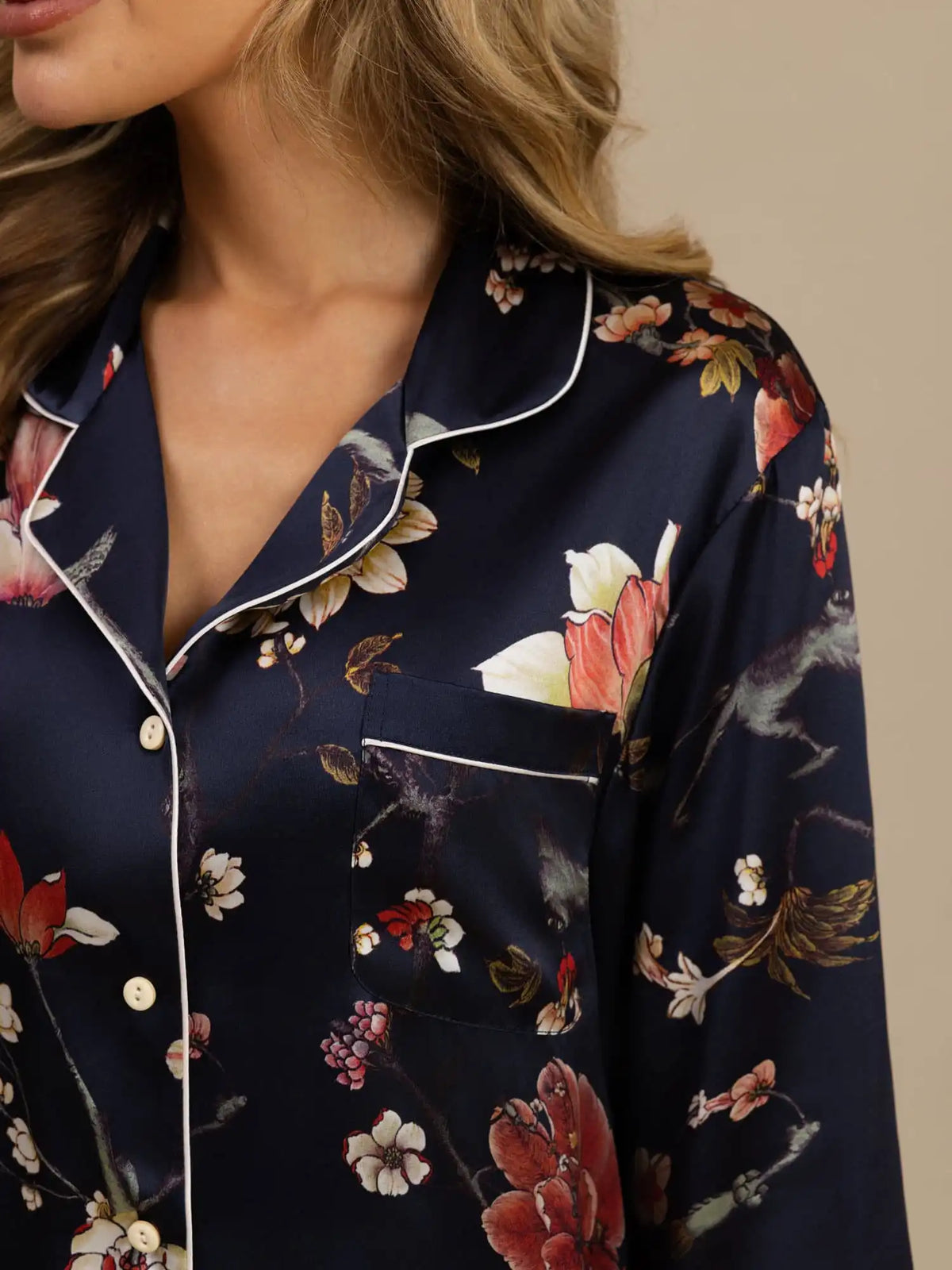 Women's 100% Mulberry Silk Navy Floral Print Long Sleeve Lapel Collar Button Up Pajamas Set