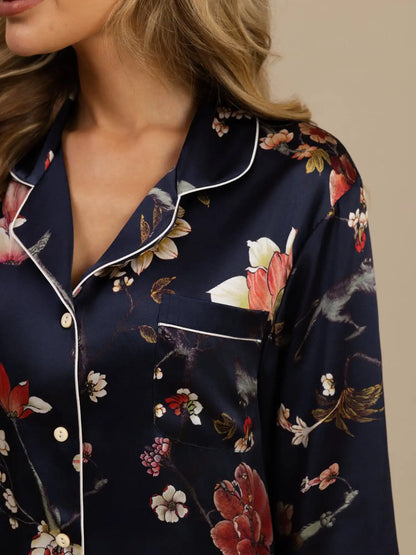 Women's 100% Mulberry Silk Navy Floral Print Long Sleeve Lapel Collar Button Up Pajamas Set