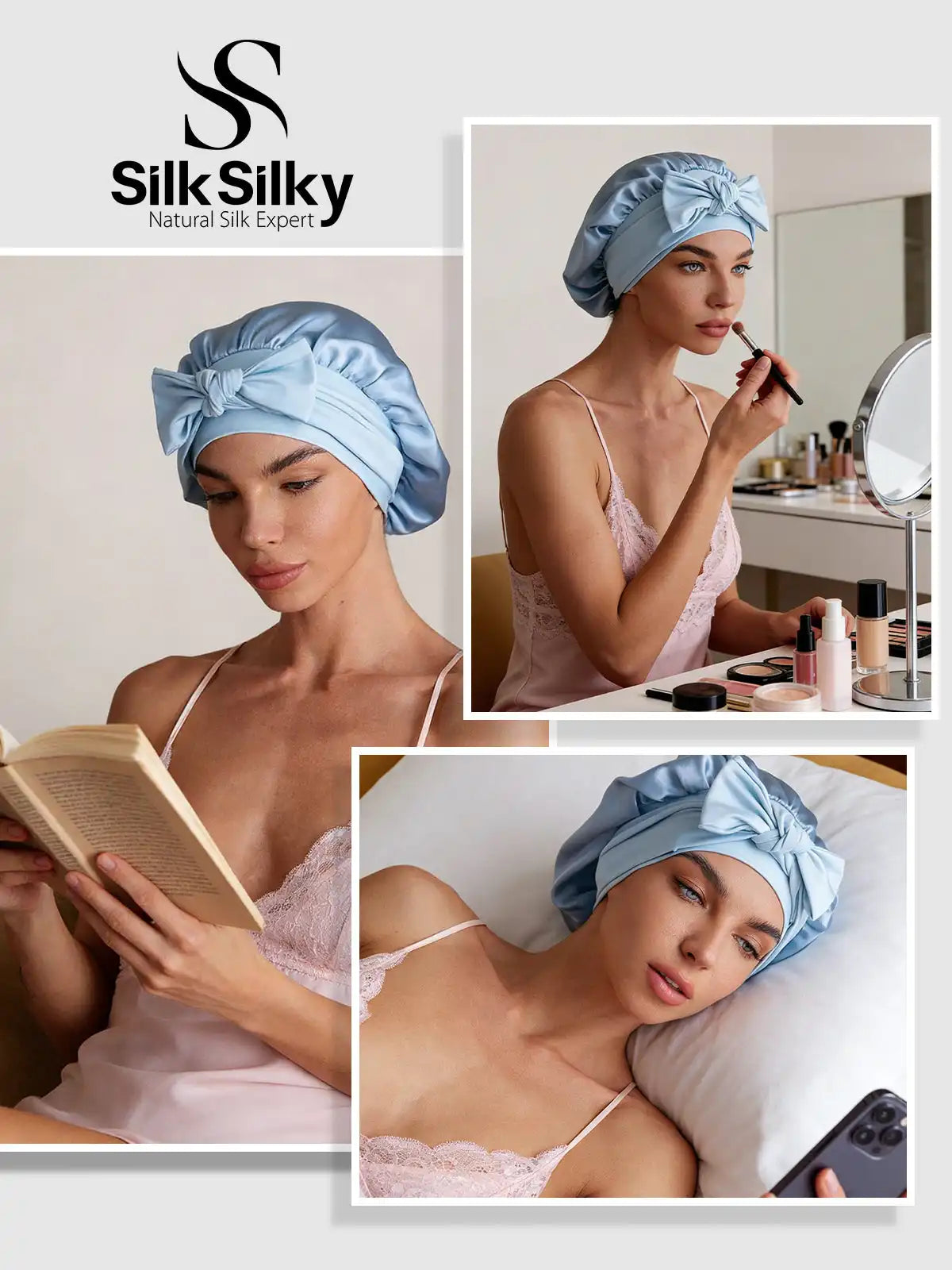 100% Mulberry Silk Bonnet Bowknot Tie Sleep Cap for Hair Protection