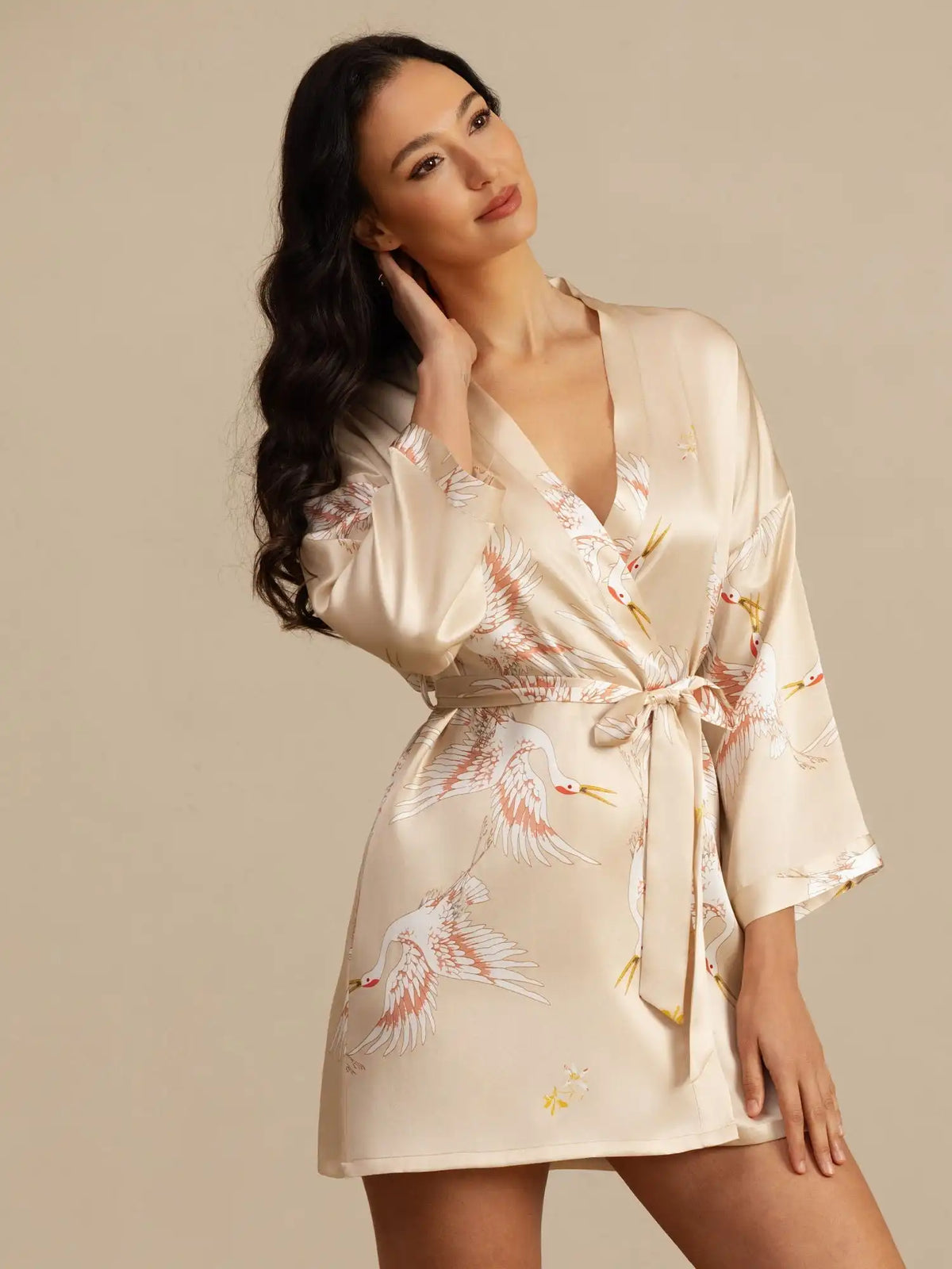 Clearance - 19Momme 100% Mulberry Silk Crane Print 3/4 Sleeve Short Women's Kimono Robe