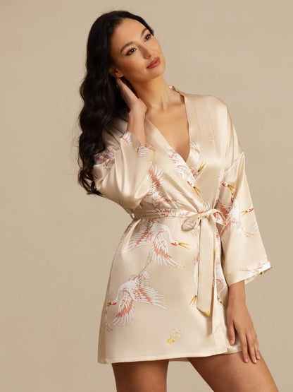 Clearance - 19Momme 100% Mulberry Silk Crane Print 3/4 Sleeve Short Women's Kimono Robe
