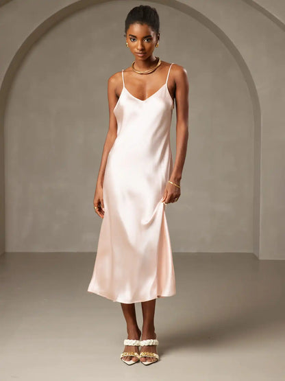 100% Mulberry Silk Spaghetti Strap Midi Long Dress