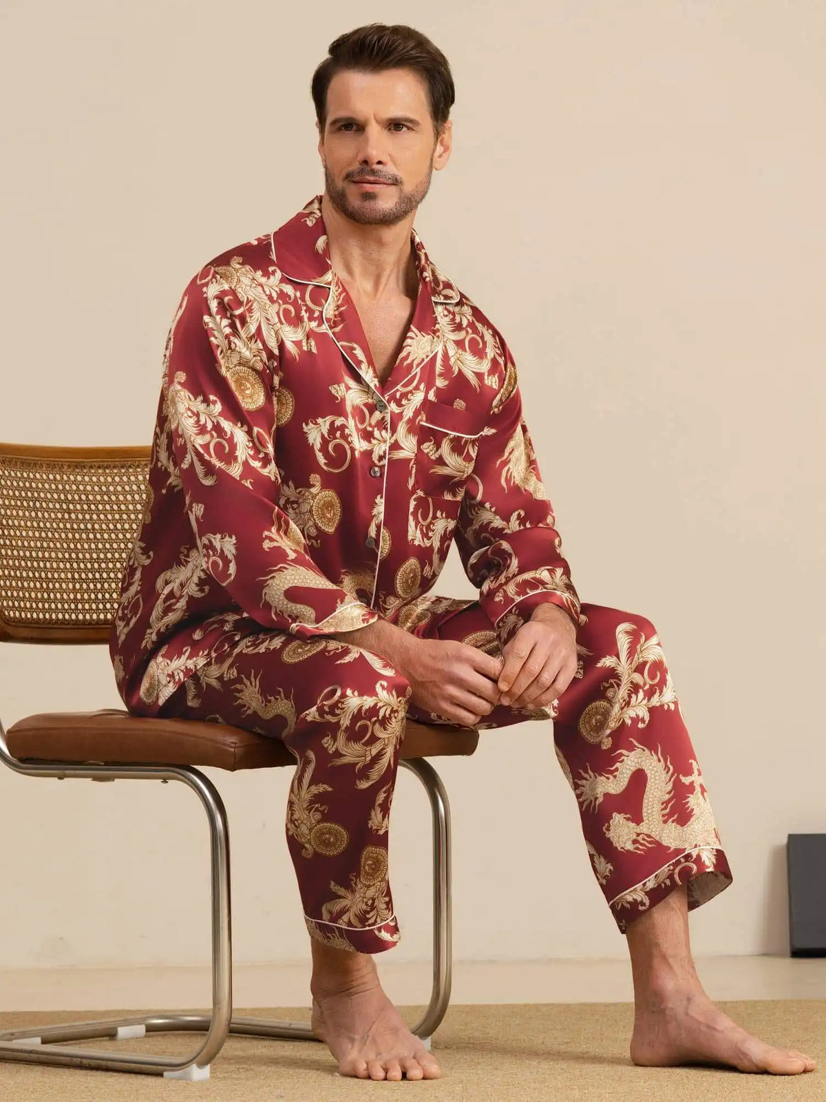 100% Mulberry Silk Men's Dragon Print  Long Sleeve Notch Collar Pajamas Set