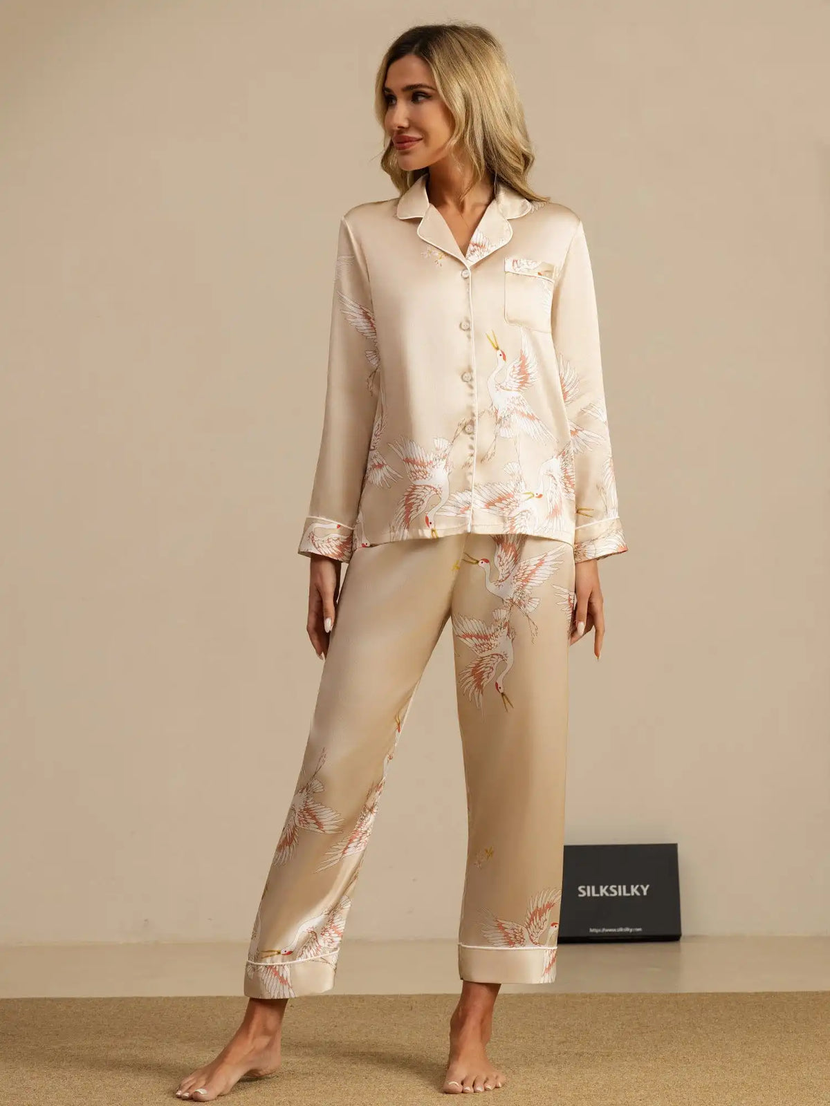 Clearance - 19Momme Women's Crane Print Long Sleeve 100% Mulberry Silk Pajamas Set
