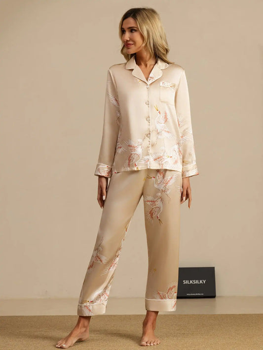 Clearance - 19Momme Women's Crane Print Long Sleeve 100% Mulberry Silk Pajamas Set