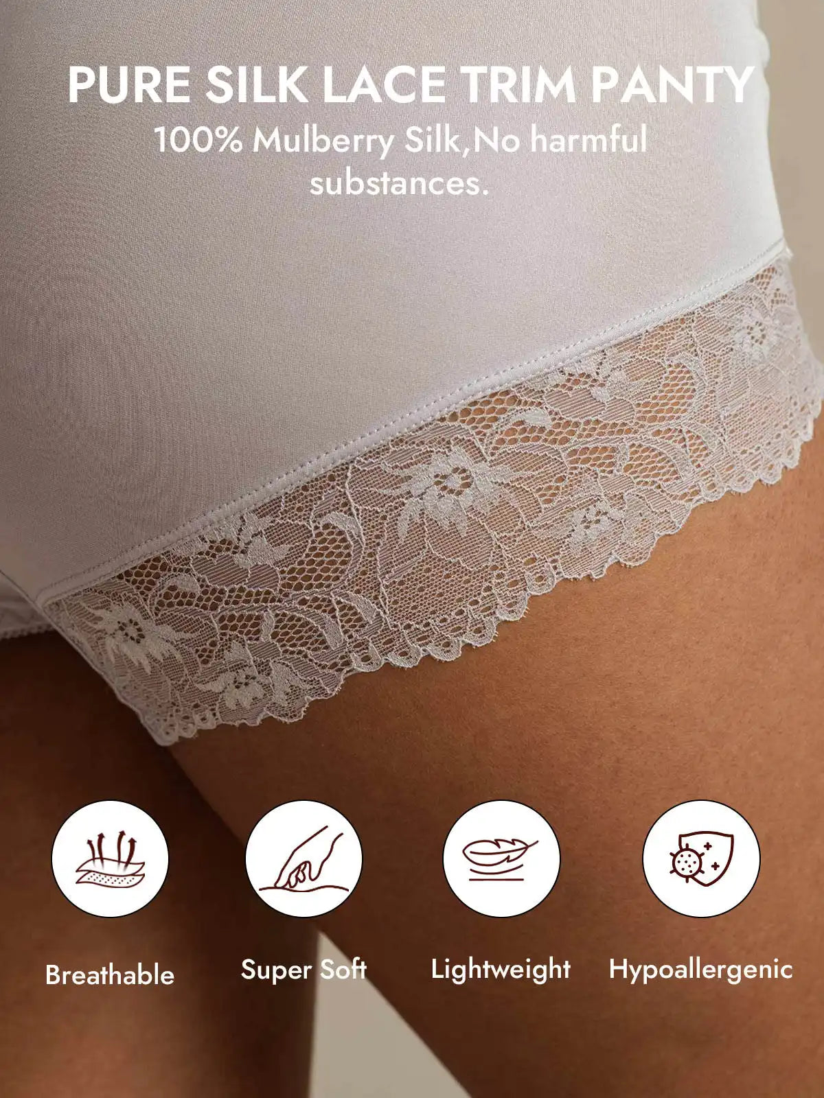 100% Mulberry Silk High Rise Knickers Lace Trim Panty