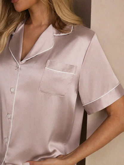 100% Mulberry Silk Short Sleeve Notch Collar Above the Knee Women's Pajamas Set