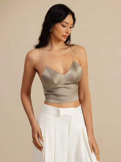 19Momme Silk Crop Top Spaghetti Strap V Neck Camisoles with Built-in Bra