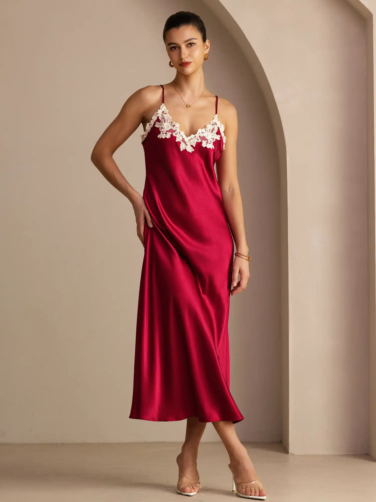 100% Mulberry Silk Spaghetti Strap V Neck Midi Dress with Lace V-Back Design