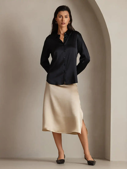 19Momme Silk Long Sleeve Lapel Collar Women's Shirt with Button Up Design
