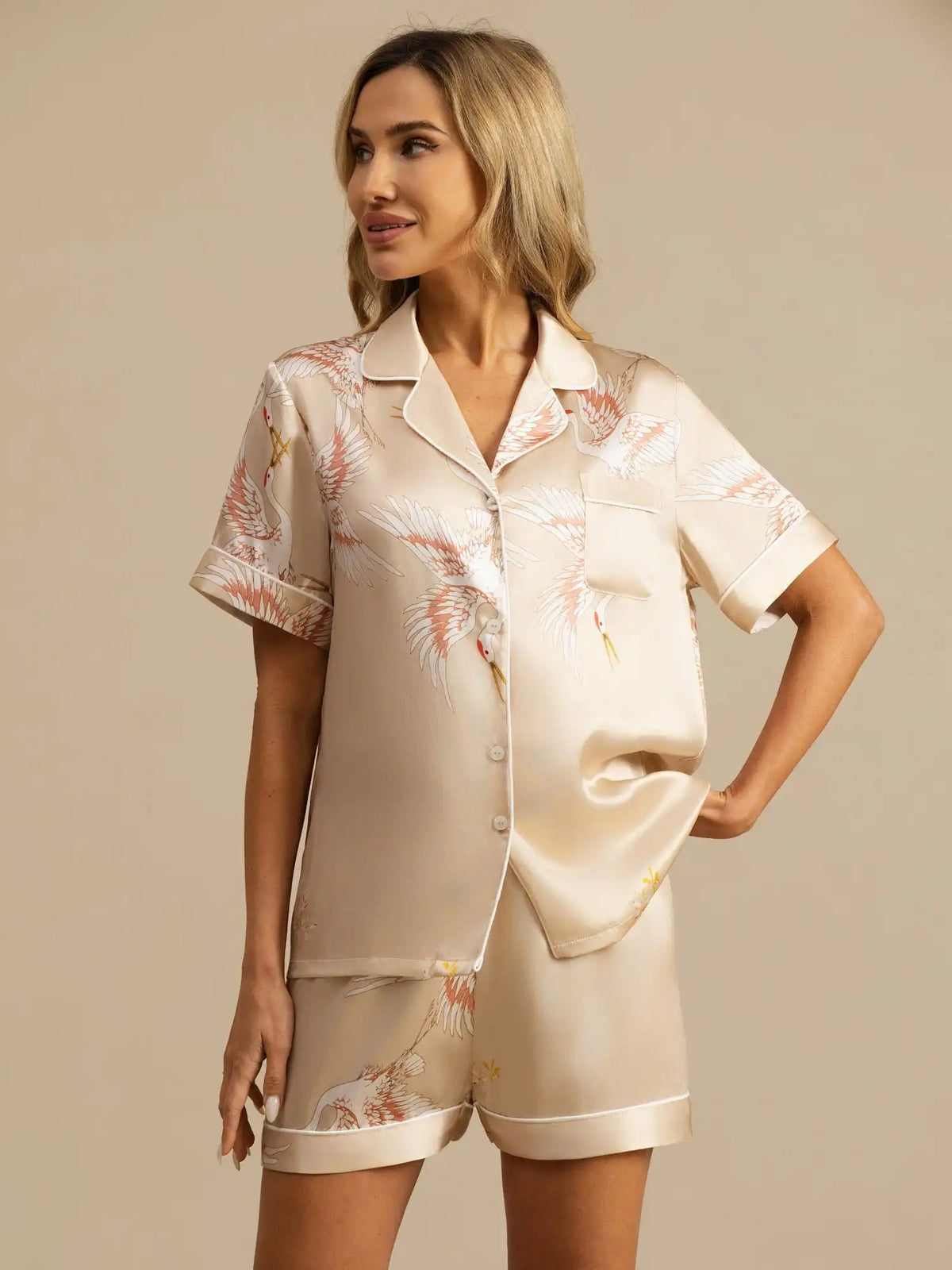 19Momme Women's 100% Mulberry Silk Crane Print Short Sleeve Notch Collar Pajamas Set