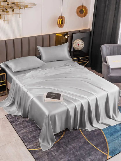19Momme 4Pcs 100% Mulberry Silk Bedding Set Fitted&Flat Sheets+2x Pillowcases