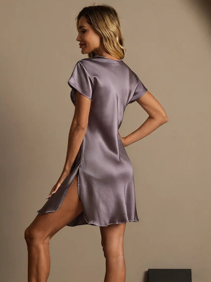 100% Mulberry Silk Short Sleeve Lace V-neck Short Nightgown with Split Hem