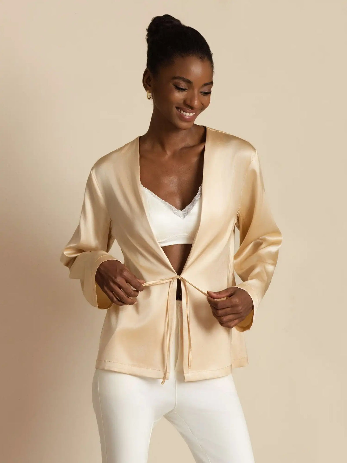 19Momme Silk Relaxed Long Sleeve Tie-Front Cardigan for Women