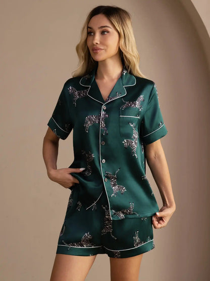 100% Mulberry Silk Women's Zebra Print Short Sleeve Button Up Pajama Set