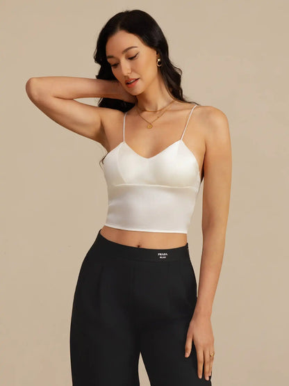 19Momme Silk Crop Top Spaghetti Strap V Neck Camisoles with Built-in Bra