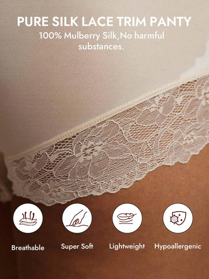 100% Mulberry Silk High Rise Knickers Lace Trim Panty