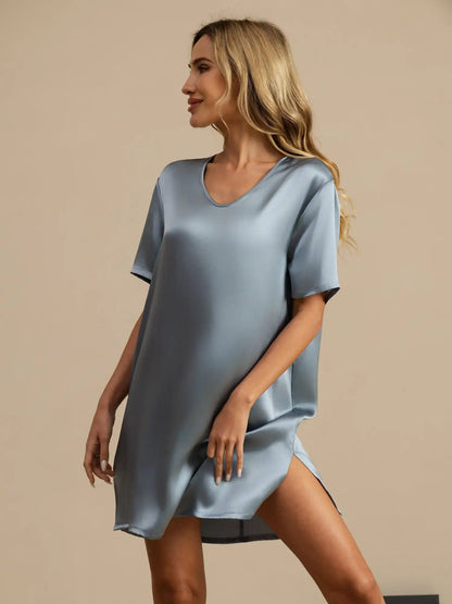100% Mulberry Silk Half Sleeve V-neck Short Nightgown with Split Design