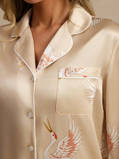 Clearance - 19Momme Women's Crane Print Long Sleeve 100% Mulberry Silk Pajamas Set