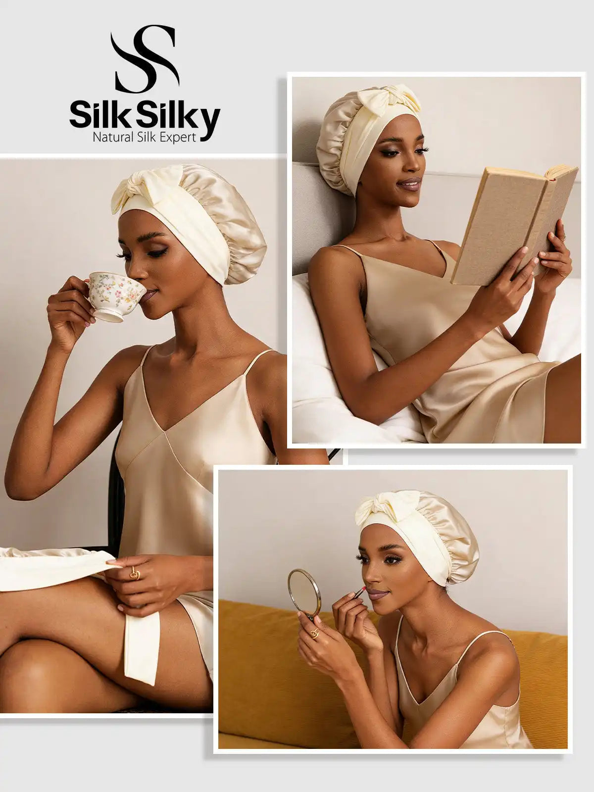 100% Mulberry Silk Double-Layer Bonnet with Adjustable Long Tie