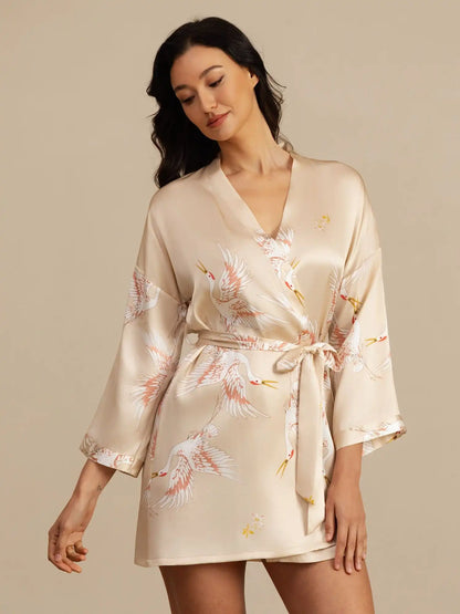 Clearance - 19Momme 100% Mulberry Silk Crane Print 3/4 Sleeve Short Women's Kimono Robe