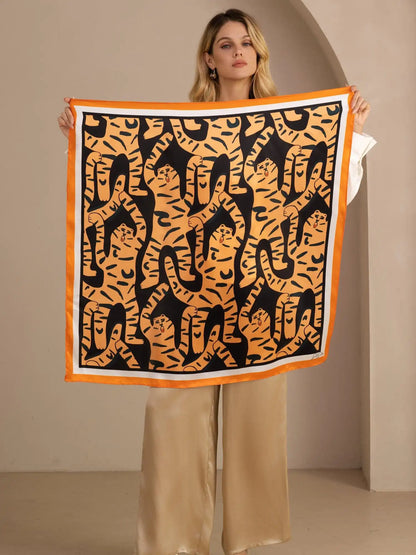100% Mulberry Silk Tiger Pattern Scarf - Size 90x90cm