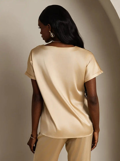 Clearance - 19Momme Silk Short Sleeve Boat Neck Cuffed Sleeve Women's T-Shirt