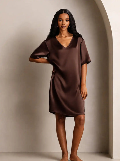 100% Mulberry Silk Half Sleeve V-neck Short Nightgown with Split Design