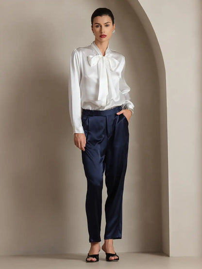 Elegant 19Momme Silk Long Sleeve Tie Neck Blouse