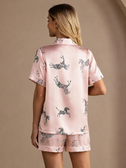 100% Mulberry Silk Women's Zebra Print Short Sleeve Button Up Pajama Set