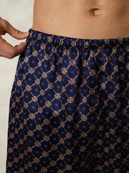 100% Mulberry Silk Navy Chain Print Elastic Waist Men's Sleep Shorts
