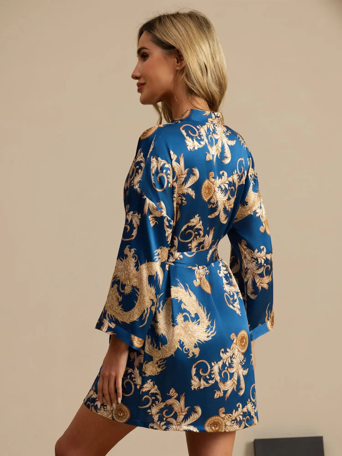 100% Mulberry Silk Dragon Print 3/4 Sleeve Women's Kimono Robe With Belt