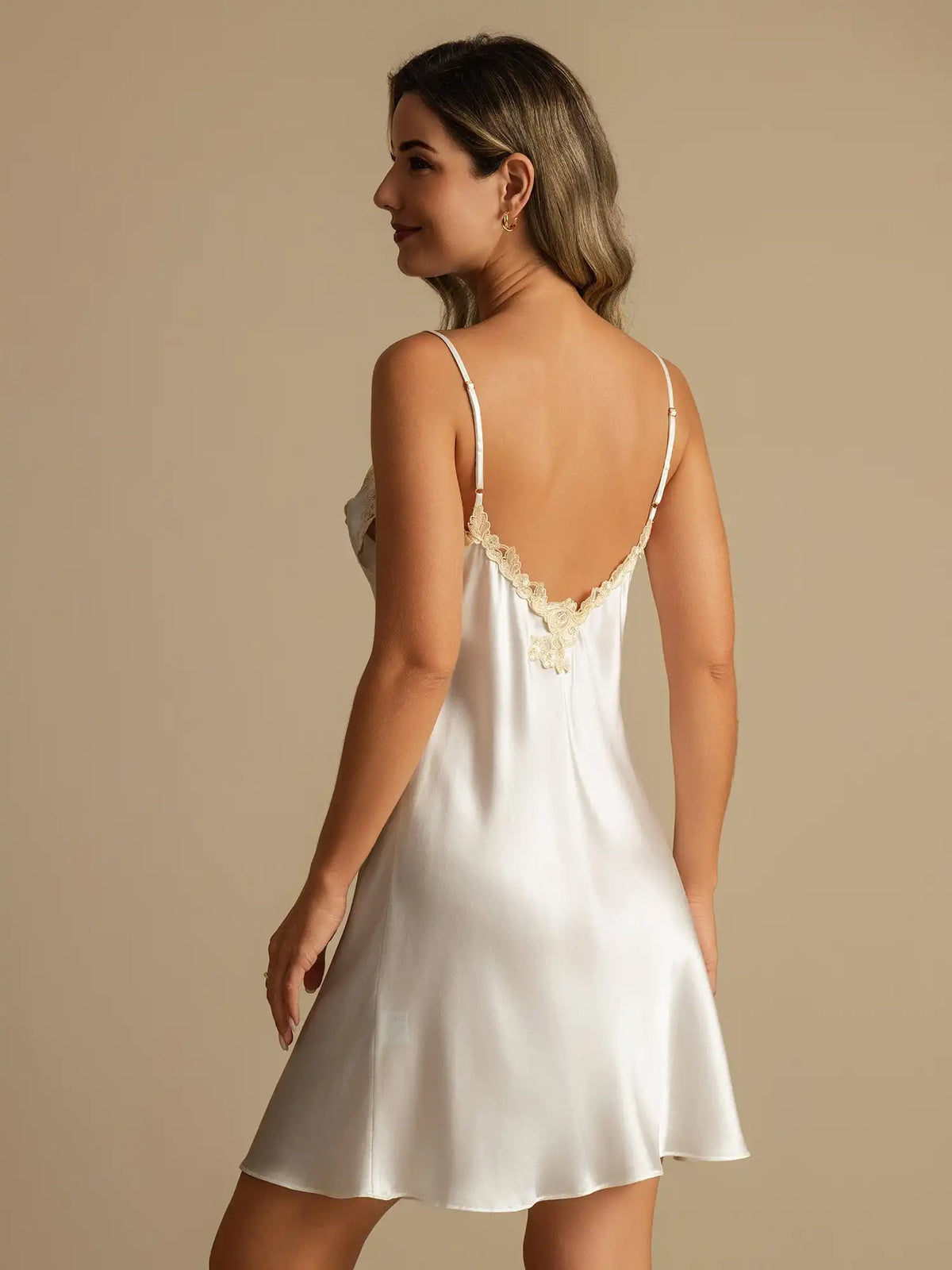 100% Mulberry Silk Spaghetti Strap Short Nightgown with Lace V-Back Design