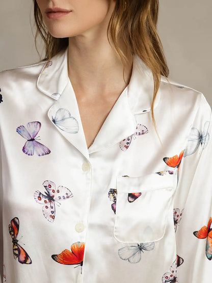 Clearance - Women's Pure Silk White Butterfly Print Long Sleeve Notch Collar Pajamas Set
