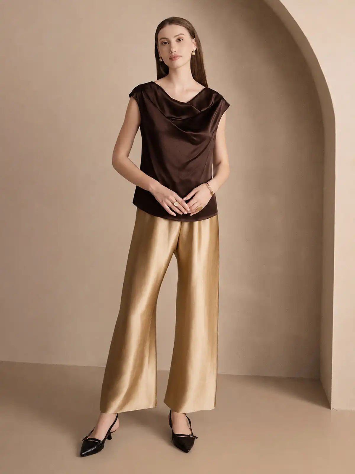 19Momme Silk Cap Sleeve Cowl Neck Women's Top