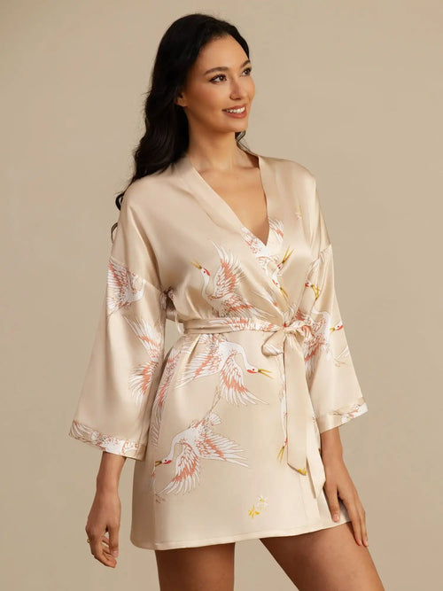 Clearance - 19Momme 100% Mulberry Silk Crane Print 3/4 Sleeve Short Women's Kimono Robe