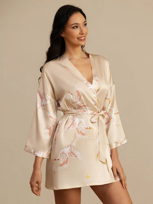 Clearance - 19Momme 100% Mulberry Silk Crane Print 3/4 Sleeve Short Women's Kimono Robe