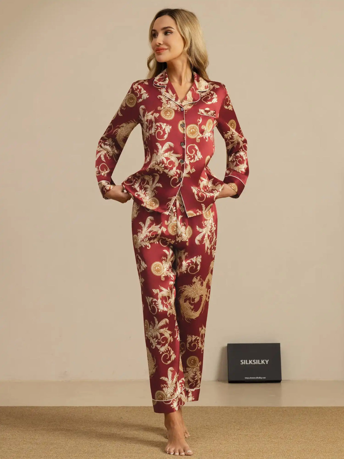 Clearance - 100% Mulberry Silk Dragon Print Long Sleeve Notch Collar Women's Pajamas Set With Pants