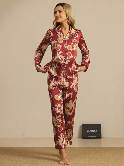 Clearance - 100% Mulberry Silk Dragon Print Long Sleeve Notch Collar Women's Pajamas Set With Pants