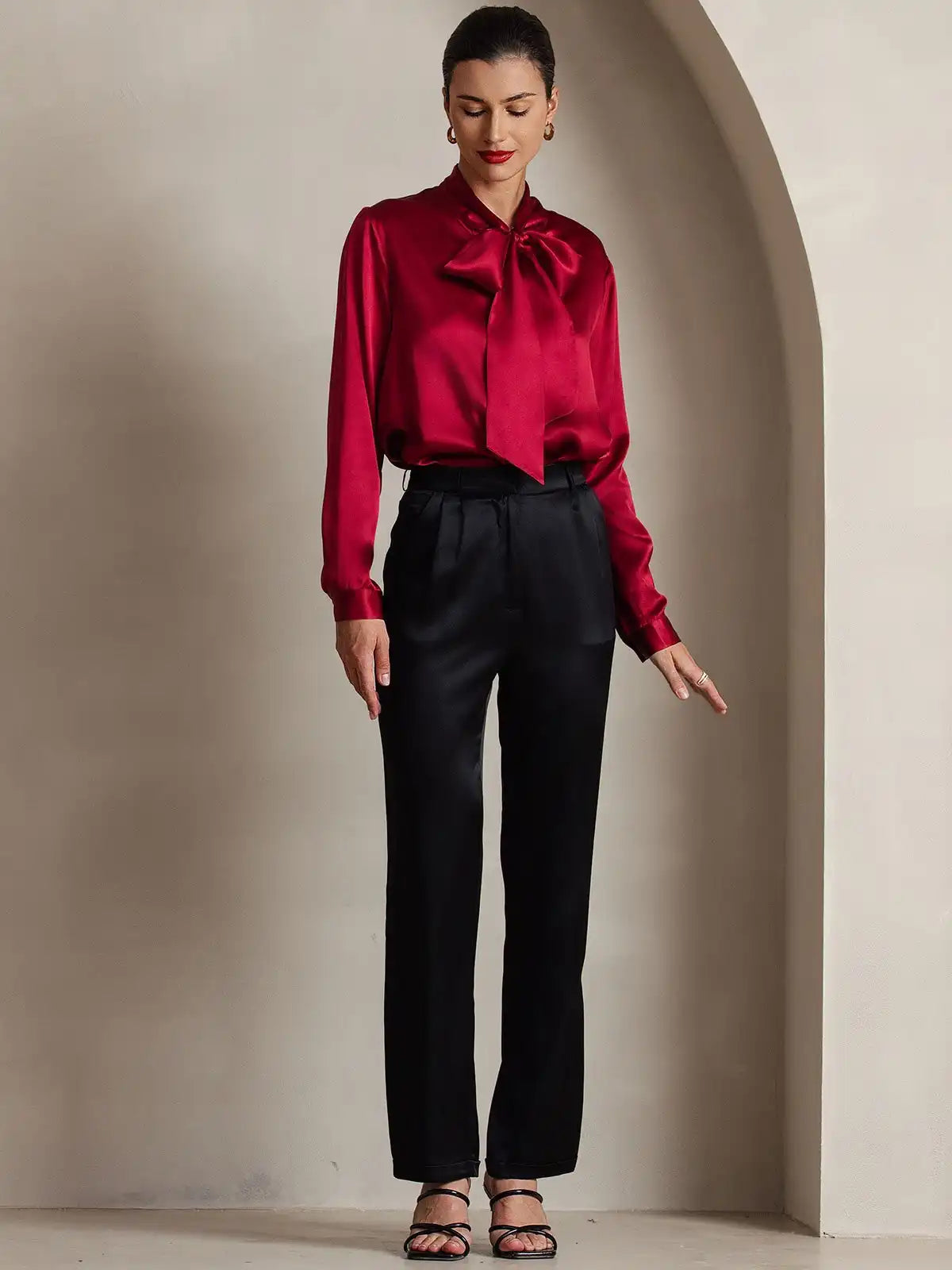 Elegant 19Momme Silk Long Sleeve Tie Neck Blouse