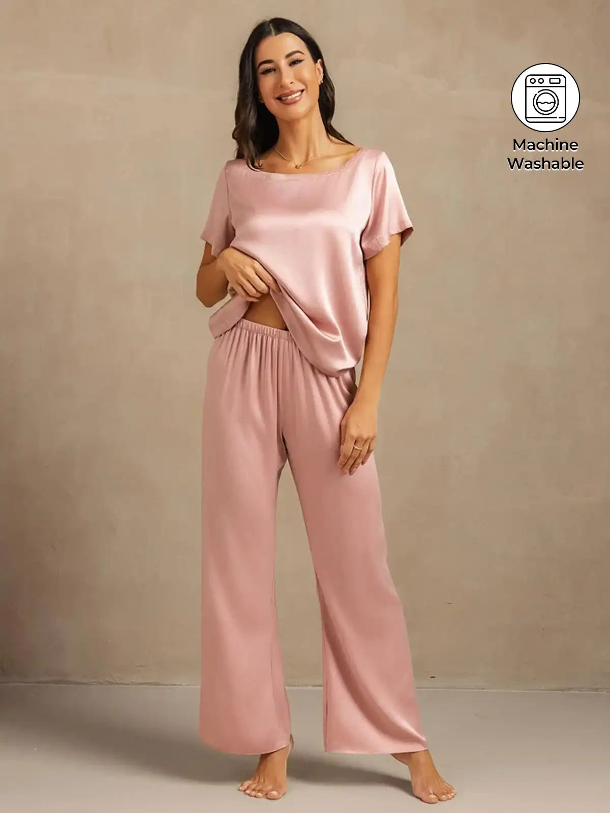 Clearance - 19Momme Women's Washable Silk Short Sleeve Scoop Neck Pajamas Set