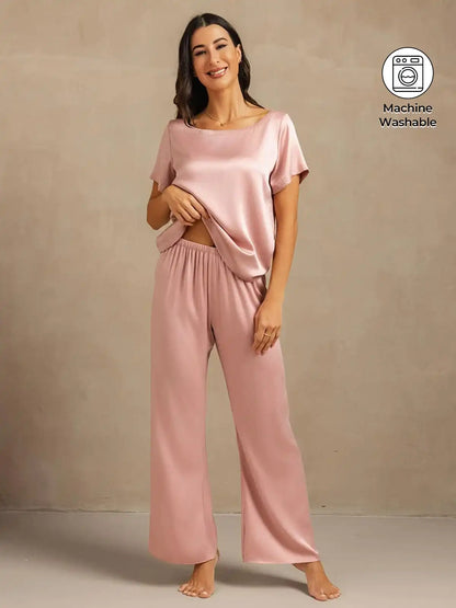 Clearance - 19Momme Women's Washable Silk Short Sleeve Scoop Neck Pajamas Set