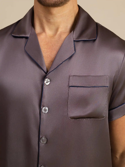 100% Mulberry Silk Short Sleeve Notch Collar Men's Pajamas Set with Shorts